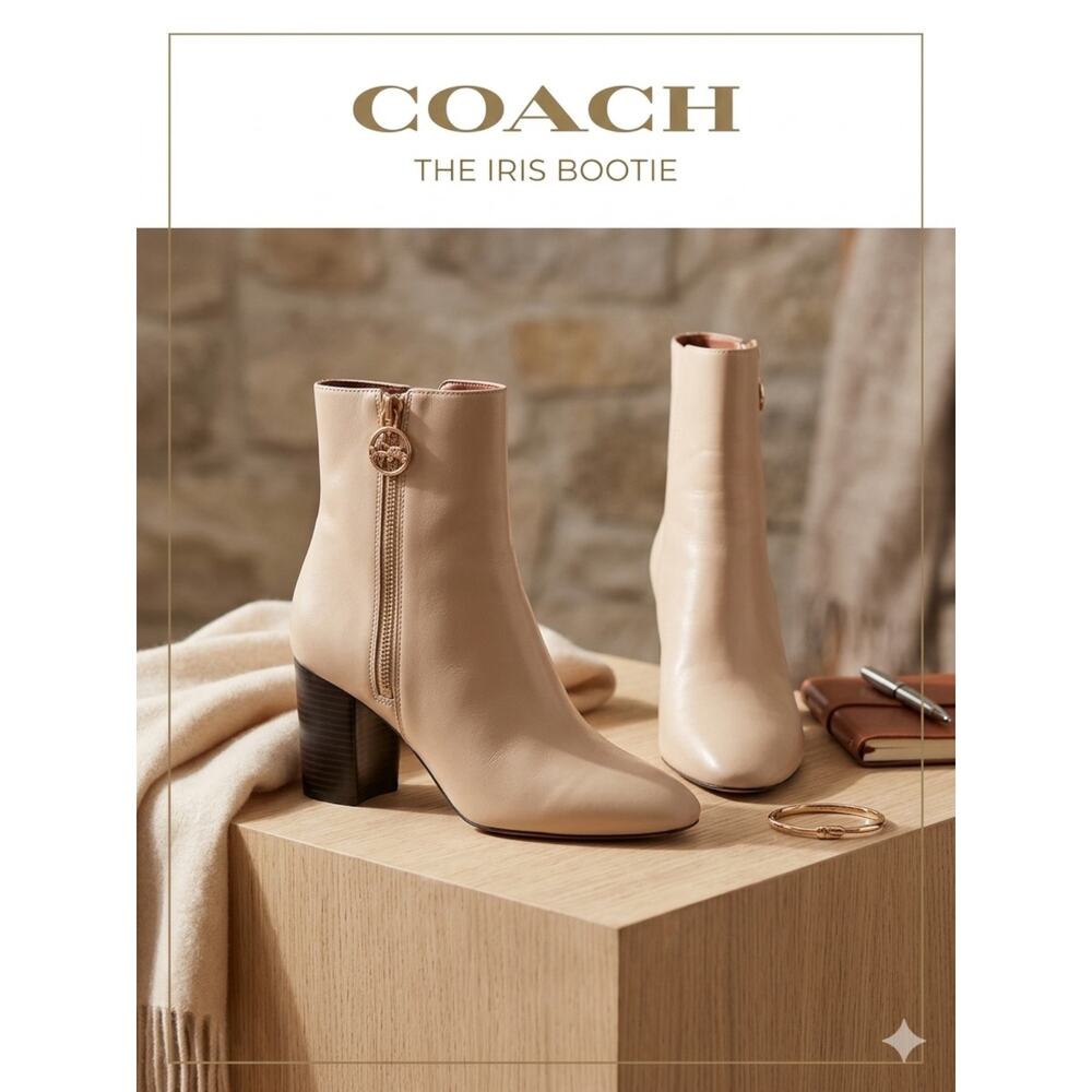 Coach Iris Beige Leather Block Heel Ankle Boots